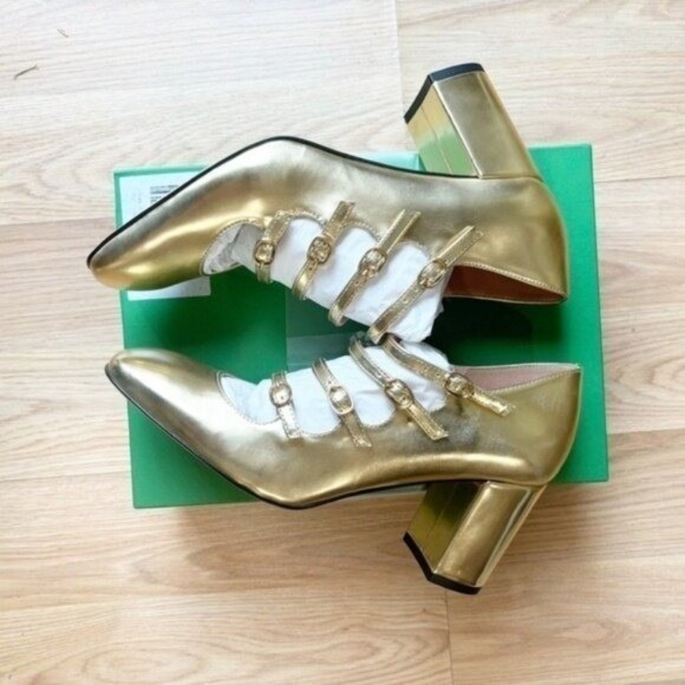 J.Crew Gold Metallic Leather Multi-Strap Mary Jane Block Heel Pumps | Size 8 - Picture 12 of 12